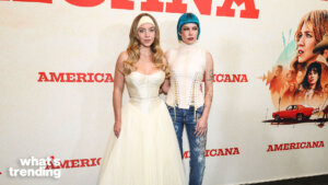Sydney Sweeney in a white gown and Halsey with blue hair in a corset and jeans at the Americana premiere