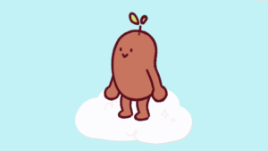 Cartoon brown bean character with a sprout on its head standing on a white cloud against a blue background