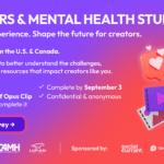 Creators & Mental Health Study invitation for U.S. and Canada creators offering 3 months of Opus Clip Pro for a 10-minute survey completion.