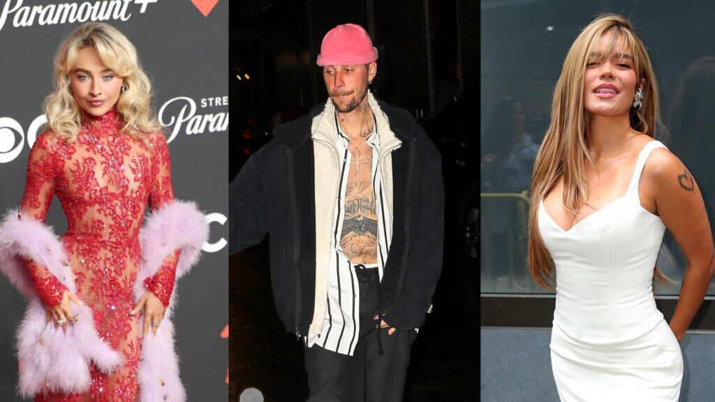 Blonde woman in red lace dress with pink fur, tattooed man in striped shirt and pink hat, woman in white dress with tattoo on arm