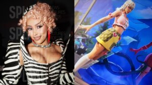 Doja Cat with curly pink hair and zebra-striped outfit next to her animated Fortnite character in pink top and yellow skirt