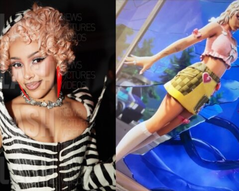 Doja Cat with curly pink hair and zebra-striped outfit next to her animated Fortnite character in pink top and yellow skirt