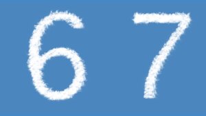 Numbers 6 and 7 formed by white clouds against a blue sky background