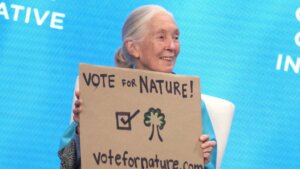 Jane Goodall holding a sign that says "Vote for Nature!" with a tree drawing and votefornature.com text