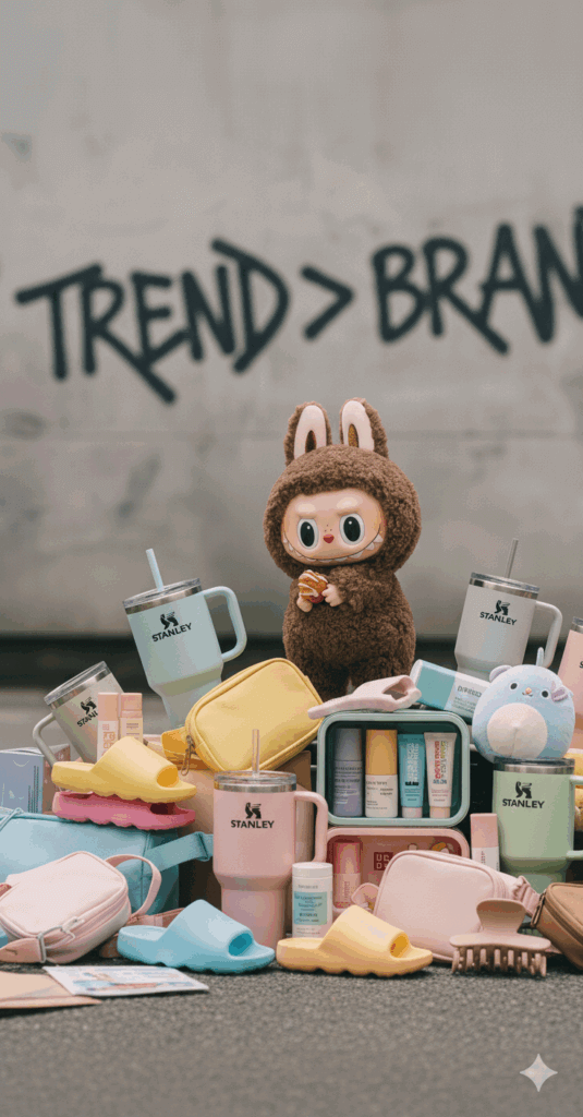Stanley tumblers, colorful slippers, cosmetic products, and a brown bunny plush toy with "TREND > BRAND" graffiti in the background.