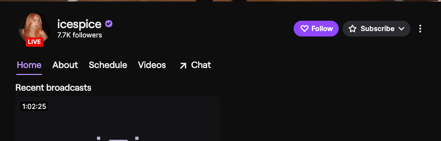 icespice Twitch channel page showing live status and 7.7K followers with navigation tabs Home, About, Schedule, Videos, Chat