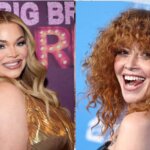 Trisha Paytas smiling in gold dress and Natasha Lyonne laughing with curly hair on blue background
