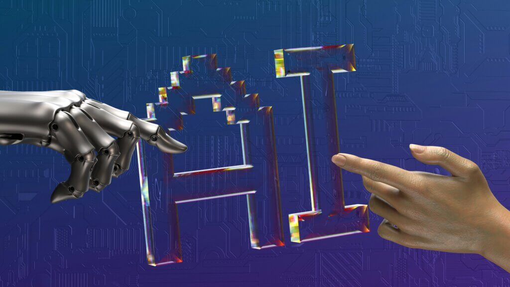 Robot hand and human hand pointing at translucent letters "AI" on a blue circuit board background
