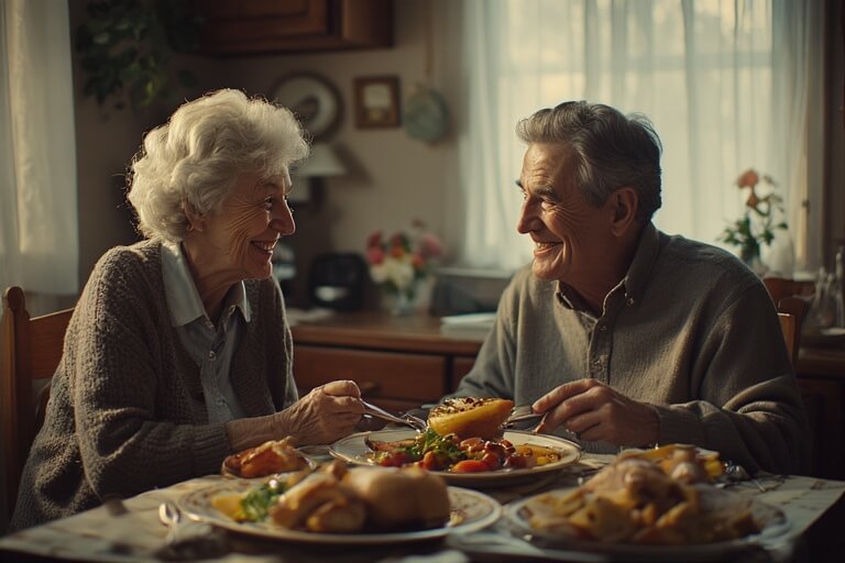 Elderly couple smiling and sharing a meal at a cozy dining table in a warmly lit room.