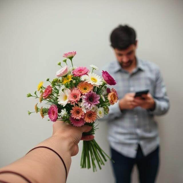 Hand holding a colorful bouquet of flowers toward a man in a gray plaid shirt looking at his phone.