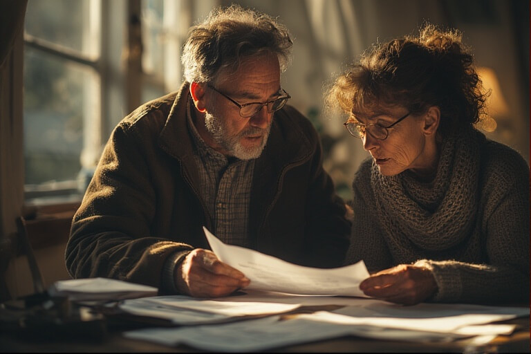 Elderly couple wearing glasses reviewing documents together at a table in warm indoor lighting.