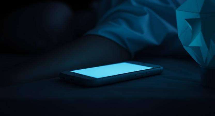 Smartphone with a bright screen lying on a bed next to a person's arm in a dark room.