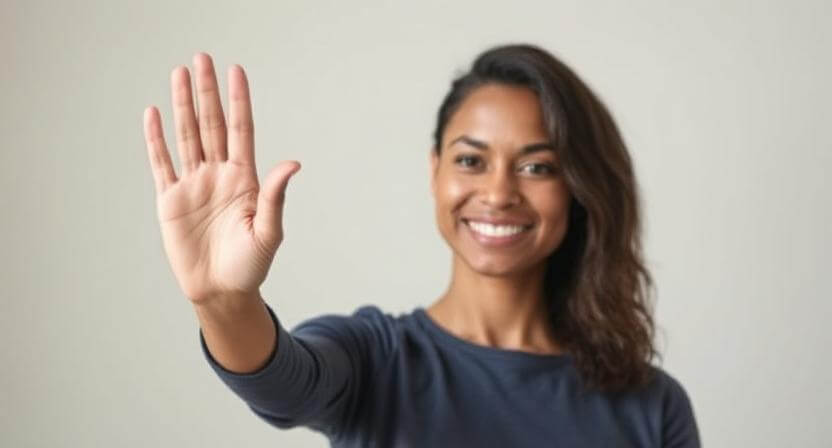 Smiling woman with dark hair wearing a navy blue shirt holding up her hand toward the camera.