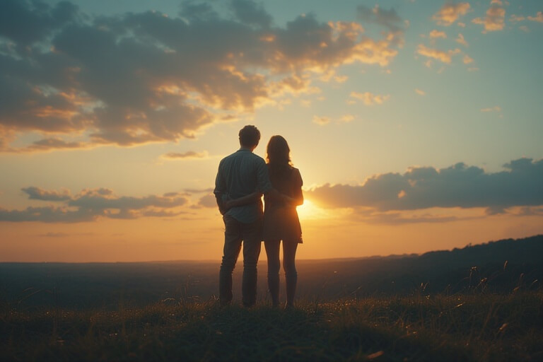 Couple standing arm in arm on a hill watching the sunset with a partly cloudy sky.