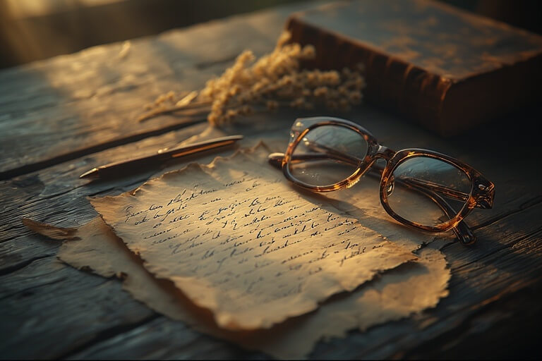 Torn handwritten letters, tortoiseshell glasses, a pen, dried flowers, and a leather-bound book on a wooden table.