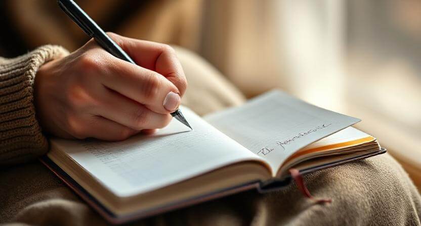Person writing in a notebook with a black pen, wearing a brown sweater.