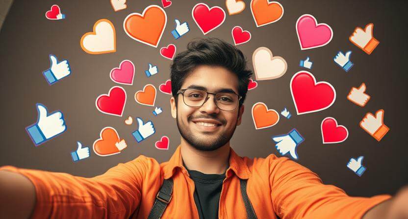 Smiling young man wearing glasses and an orange jacket taking a selfie with floating like and heart icons behind him.