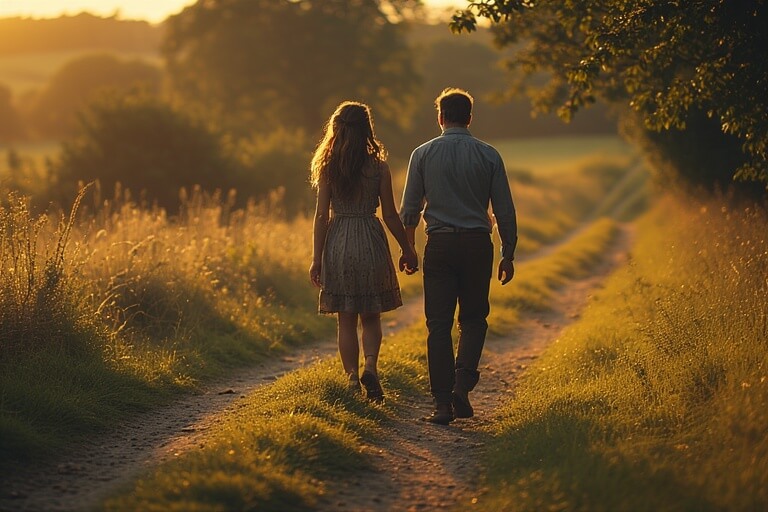 Couple holding hands walking on a sunlit rural path surrounded by grass and trees at sunset.