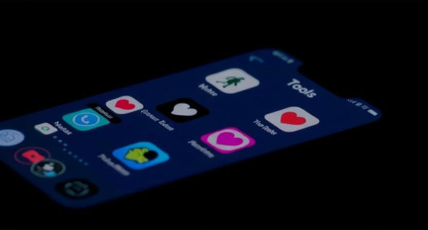 Smartphone screen showing dating apps including Tinder, Bumble, and Snapchat in a Tools folder.