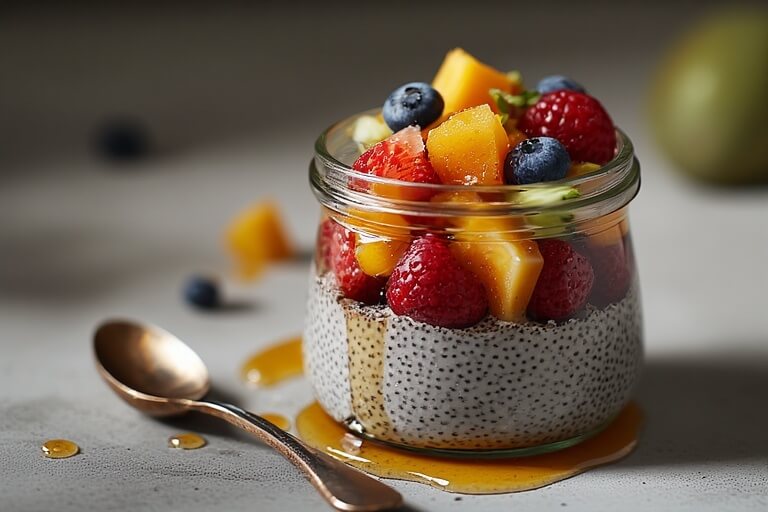 Chia seed pudding topped with raspberries, blueberries, mango, and honey in a glass jar with a spoon.
