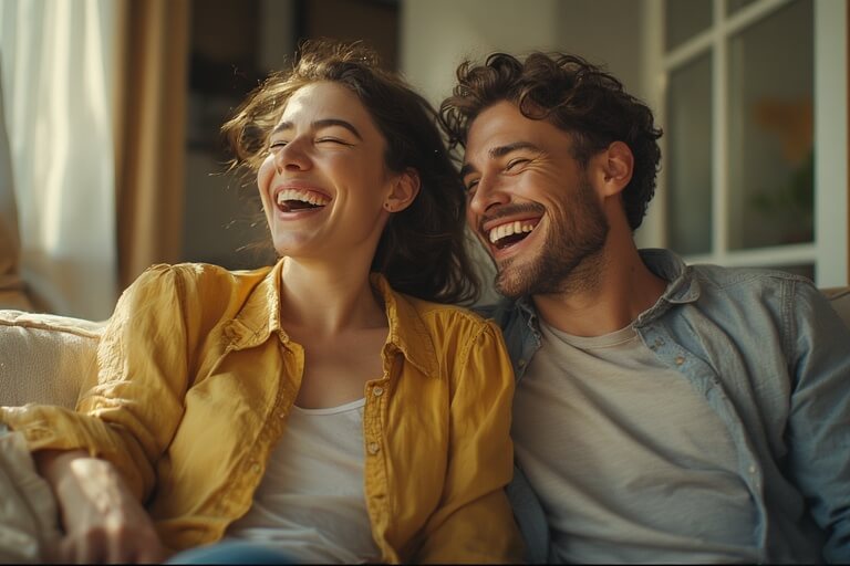 A young woman in a yellow shirt and a man in a denim jacket laughing together on a couch.