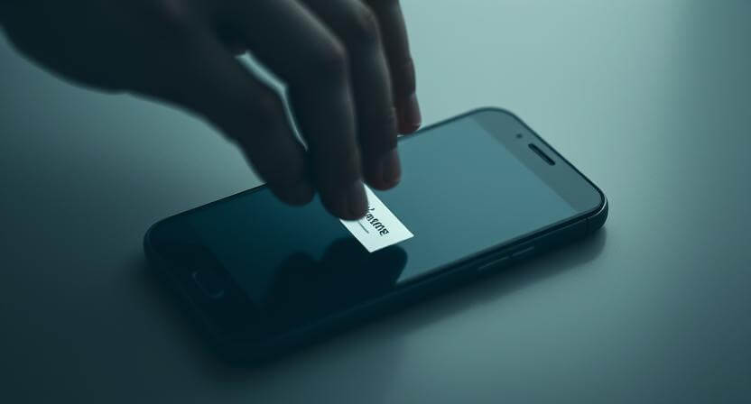 Hand placing a small paper labeled "insurance" on a smartphone screen.