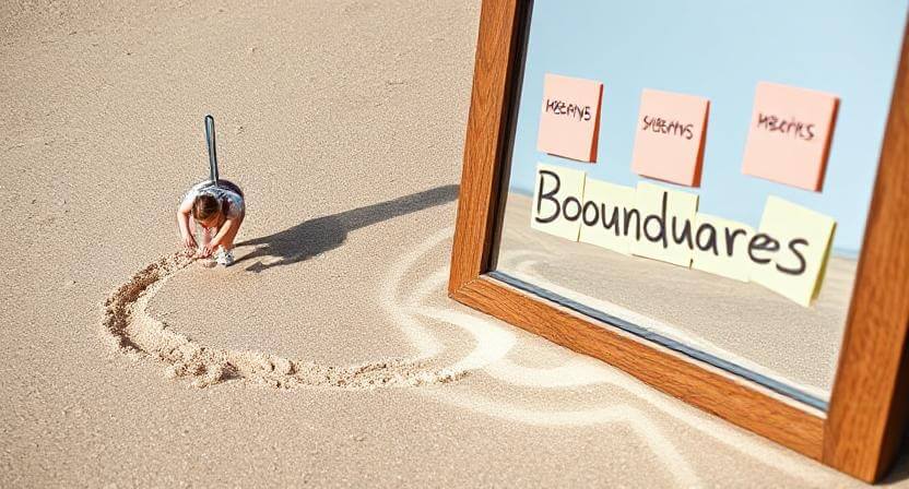 Child drawing a curved line in sand near a mirror with sticky notes labeled "Boundaries," "Humans," "Subjects," and "Metrics."