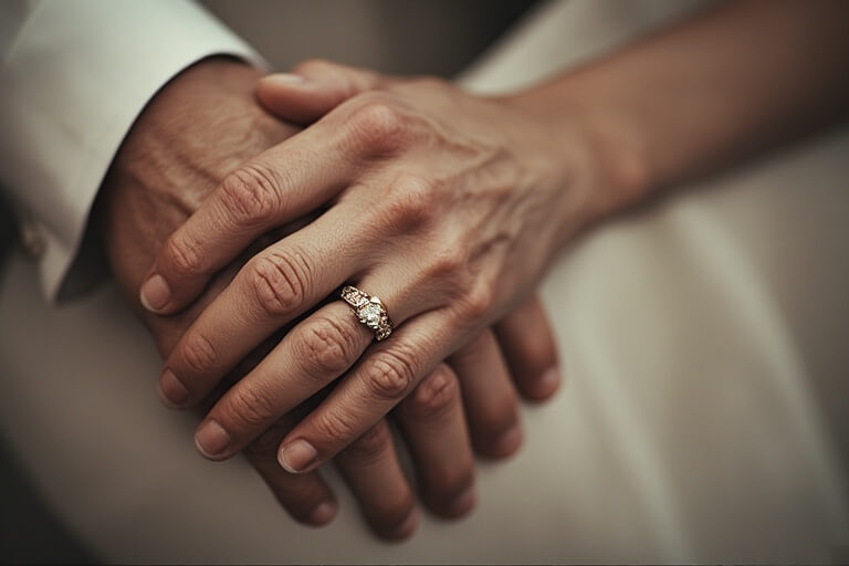 Close-up of two hands clasped, one wearing a diamond engagement ring.