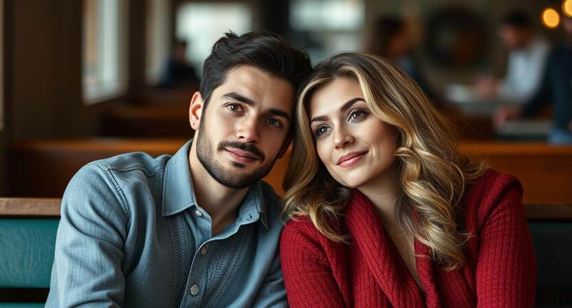 Young man and woman sitting closely together in a cozy indoor setting, both looking slightly off-camera.