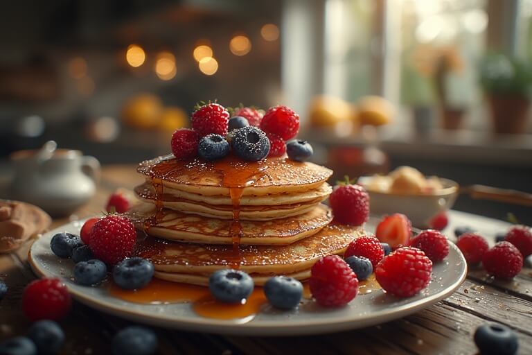Stack of pancakes topped with syrup, blueberries, raspberries, and strawberries on a white plate.