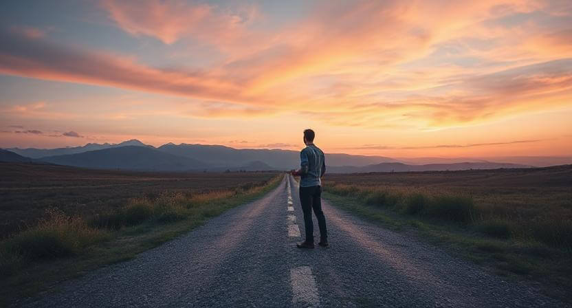 Man standing on empty road looking at colorful sunset over distant mountains