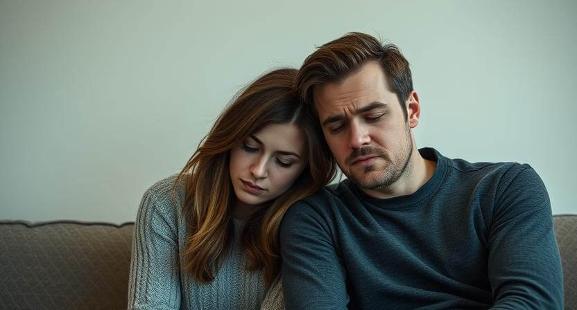 Sad young woman resting her head on a man's shoulder as they sit closely on a couch.