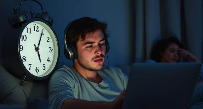 Young man wearing headphones working on a laptop late at night with a large clock showing 12:27 nearby