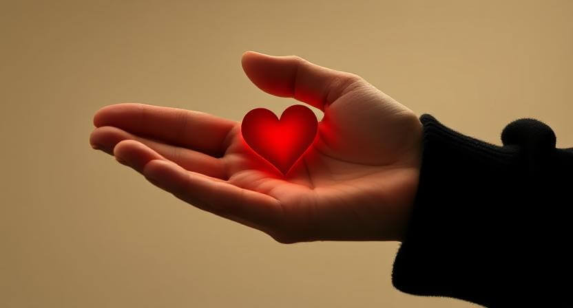 Hand holding a glowing red heart shape against a neutral background.