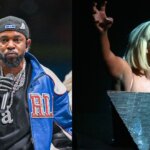Kendrick Lamar performing in a blue jacket and Lady Gaga singing with blonde hair and large sunglasses on stage