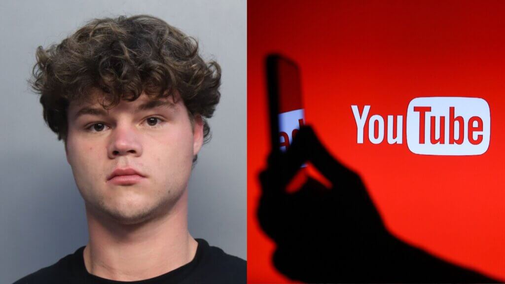 Young man with curly hair next to a silhouette holding a phone displaying the YouTube logo on a red background