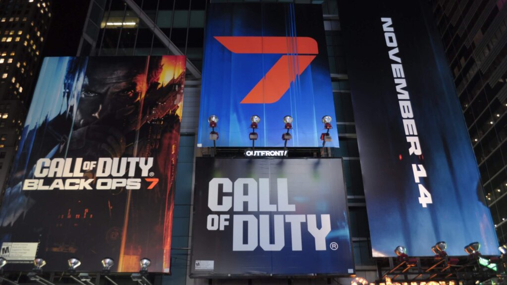 Billboards for Call of Duty Black Ops 7 and Call of Duty with a November 14 release date in a city at night.
