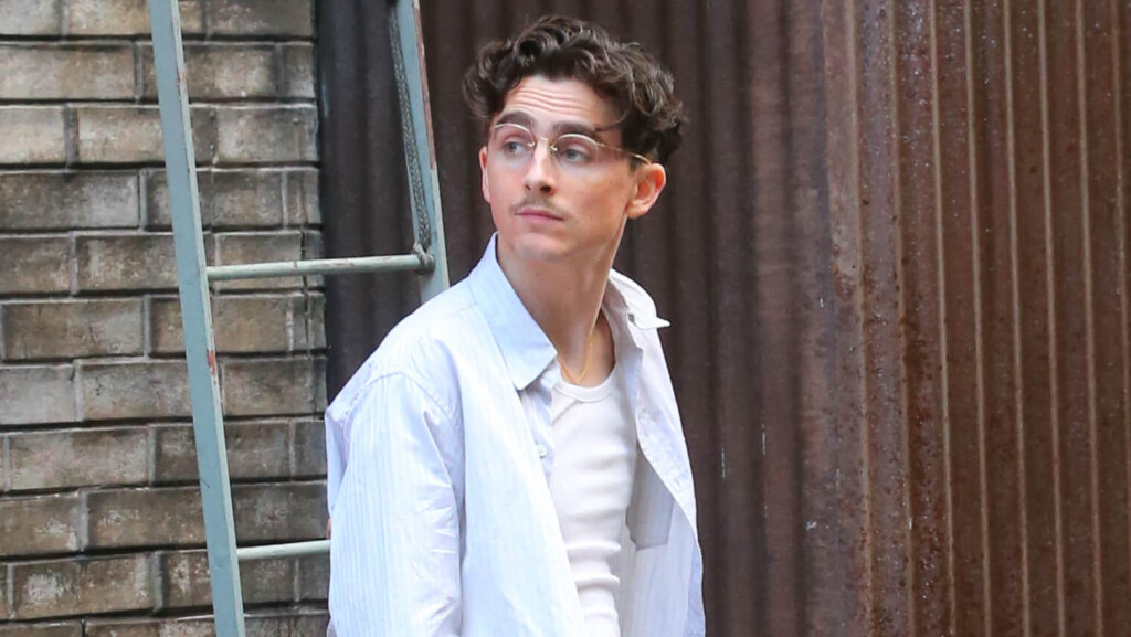 Young man with curly hair and glasses wearing a white shirt and green pants standing by a ladder and brick wall