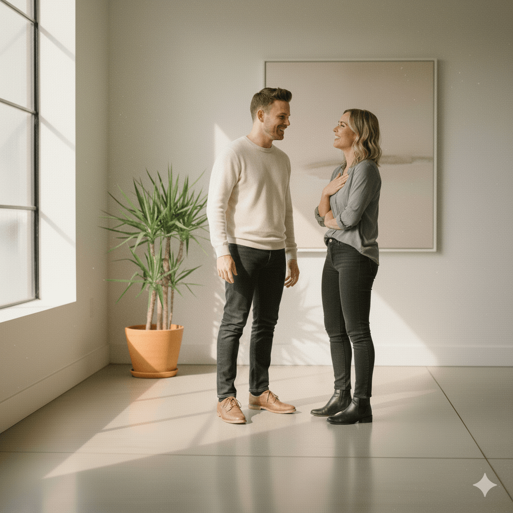 Man and woman smiling and talking in a sunlit room with a potted plant and abstract wall art.