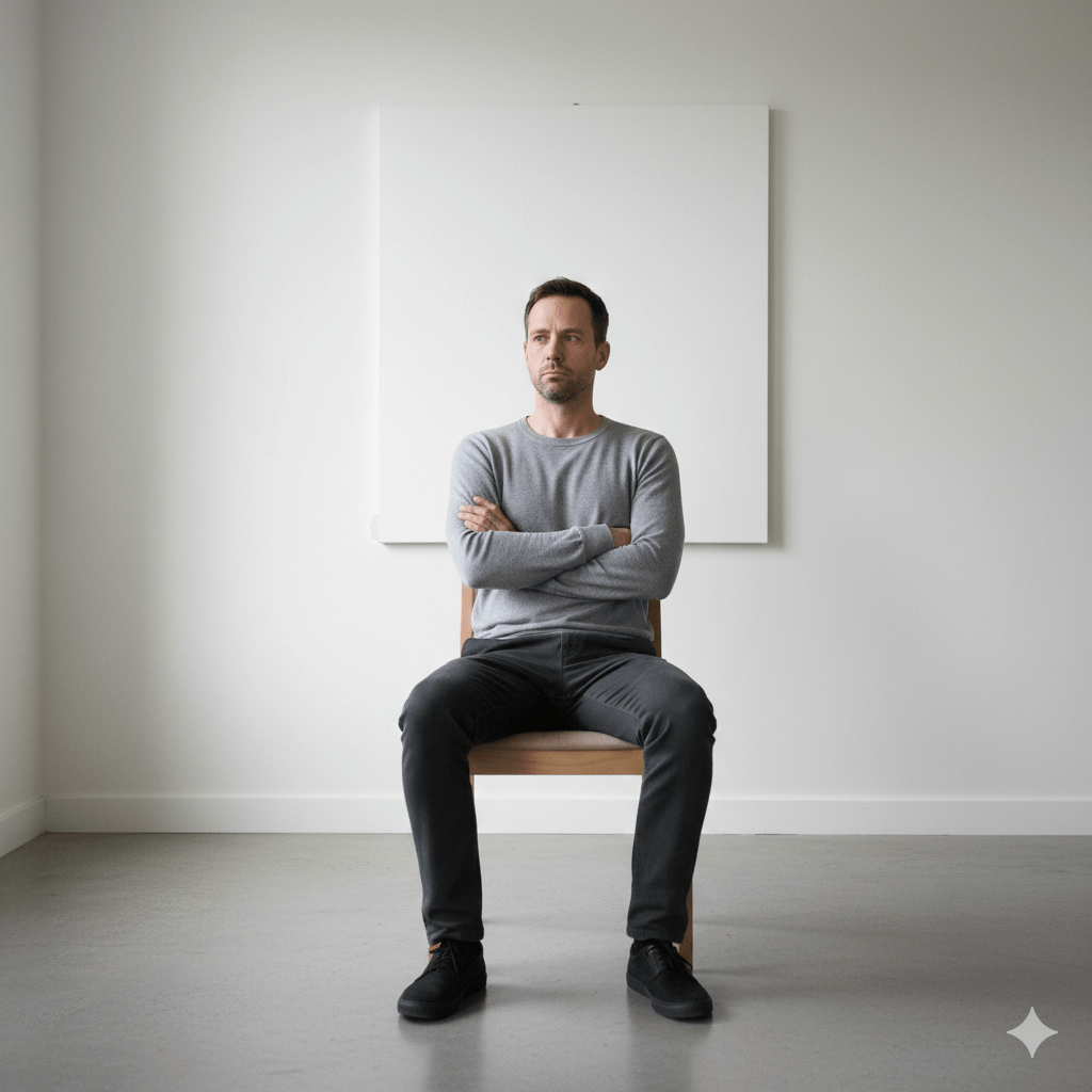 Man in gray sweater and black pants sitting on a wooden chair with arms crossed in a minimalist room