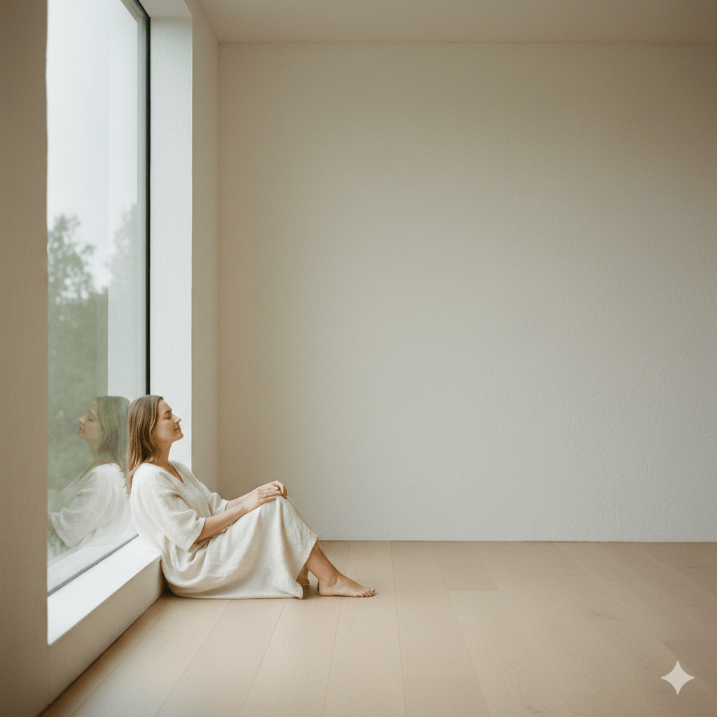 Woman in a white dress sitting barefoot by a large window in a minimalist room with light wood flooring.