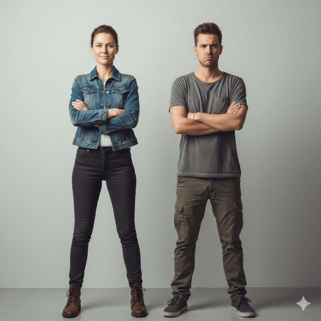 Woman in denim jacket and man in gray t-shirt standing with arms crossed against a plain background.