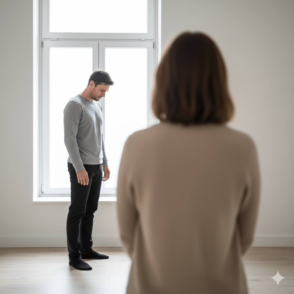 Man in gray sweater and black pants standing near window, woman in beige sweater facing him in a minimal room
