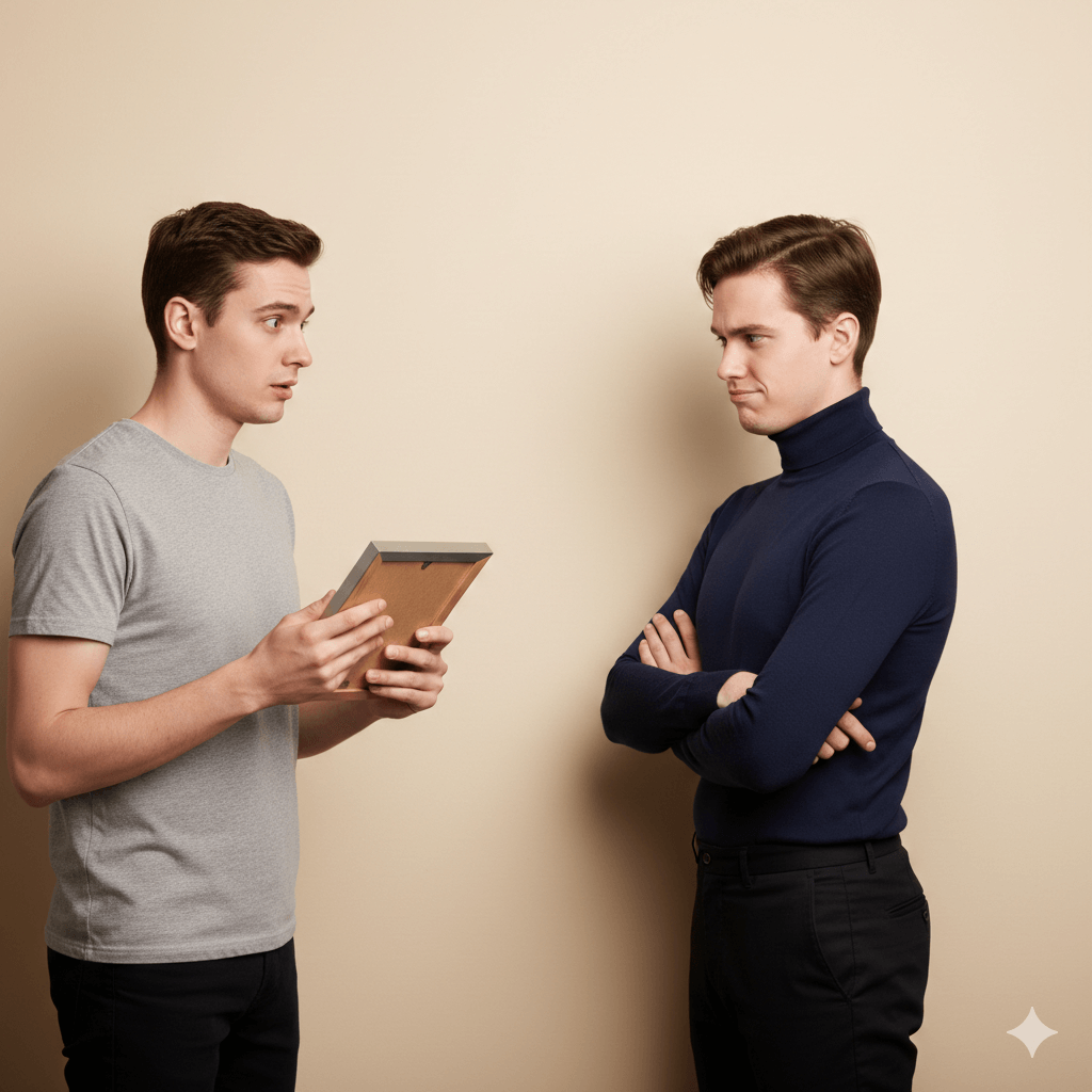 Two young men facing each other, one holding a picture frame and the other with arms crossed, against a beige background.