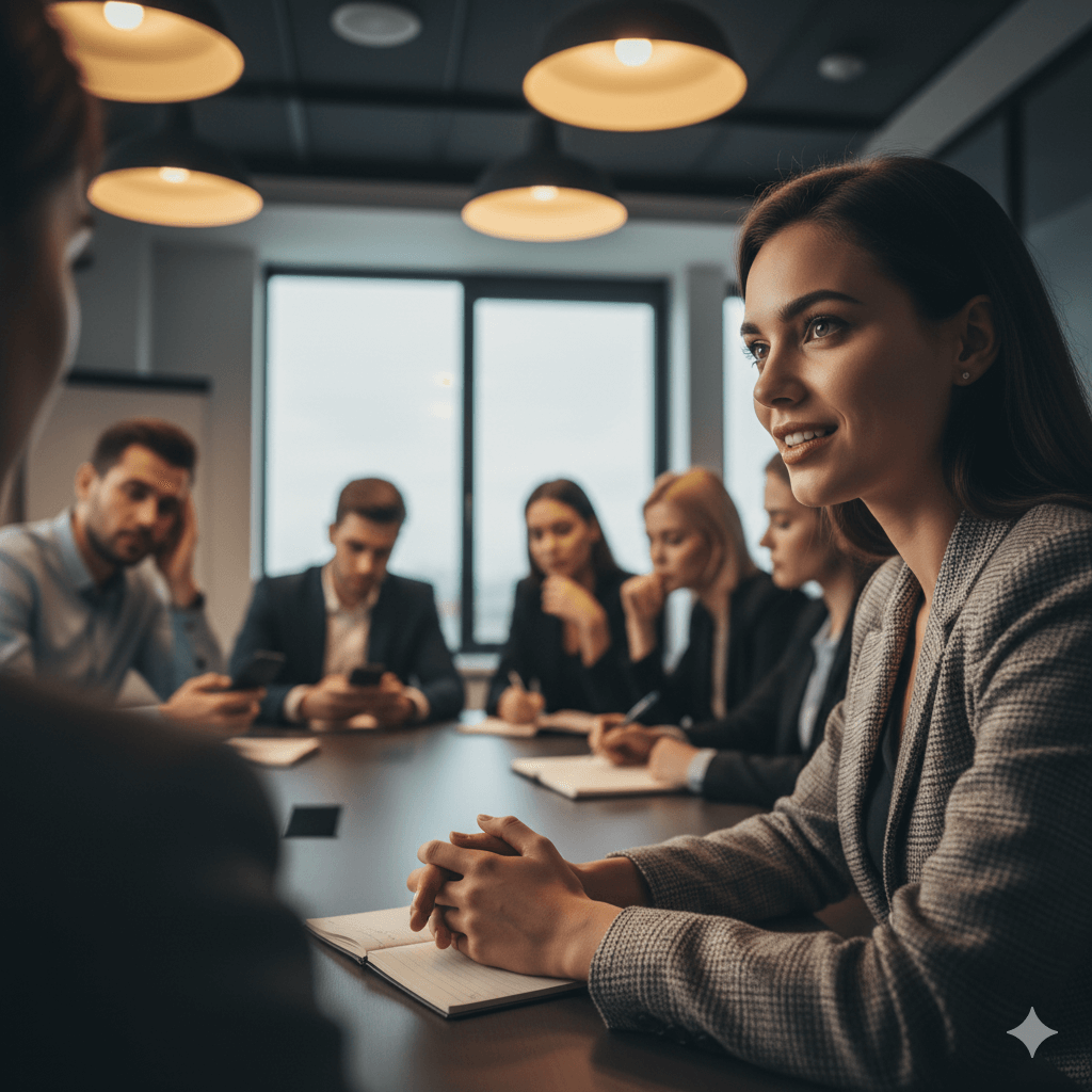 Young woman in a gray blazer attentively listening during a business meeting with colleagues around a conference table