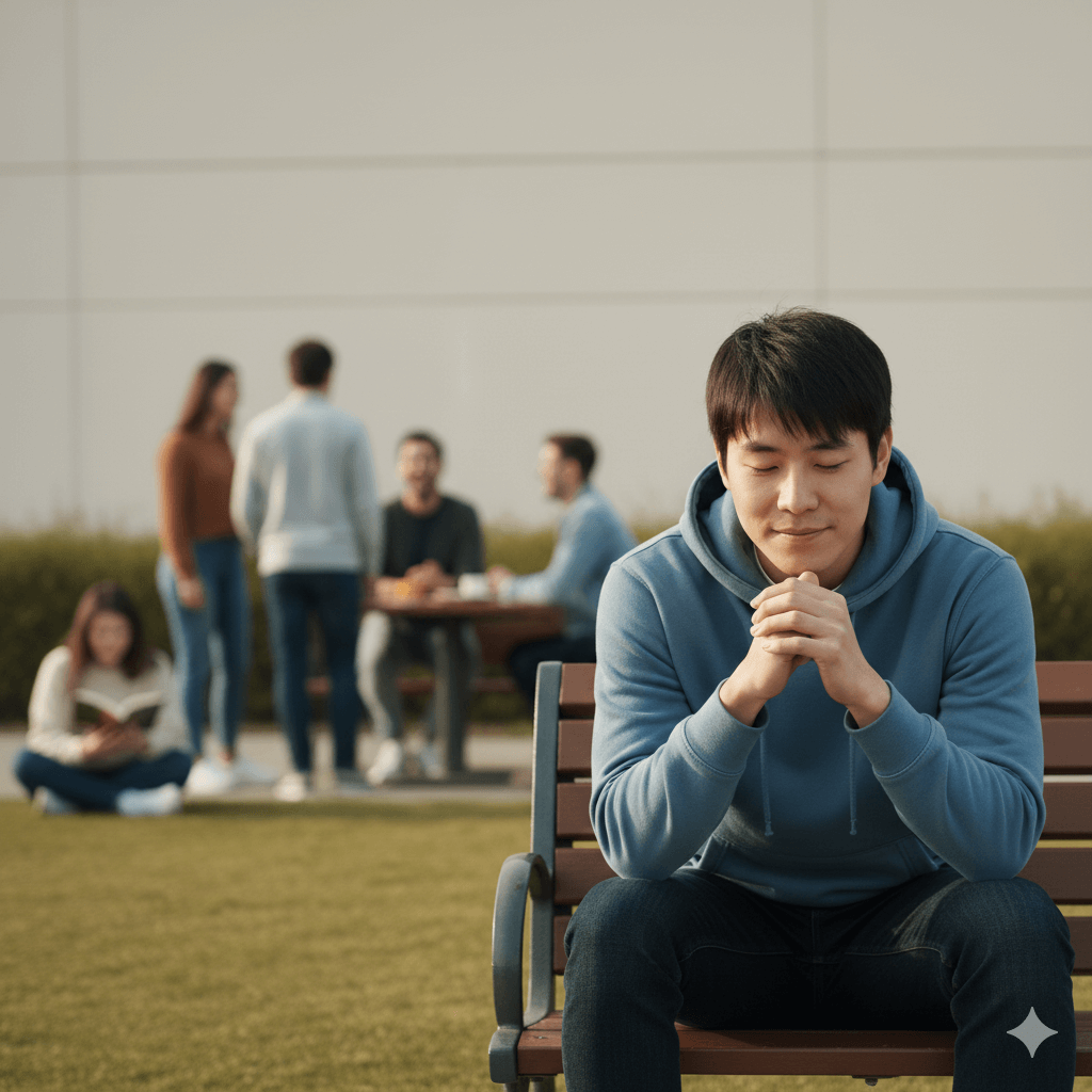 Young man in blue hoodie sitting on a bench with eyes closed, people socializing and reading in the background outdoors