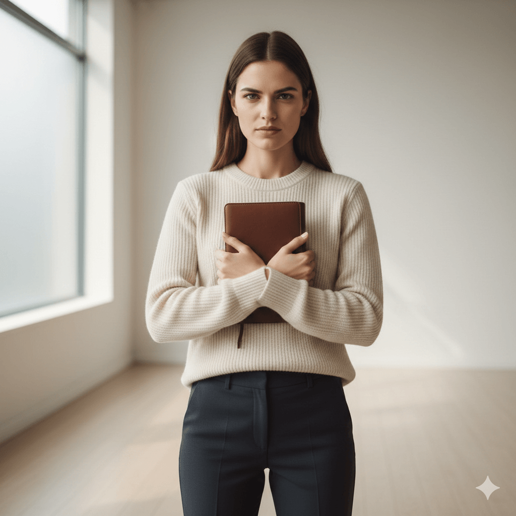 Young woman in beige sweater holding a brown leather notebook, standing in a bright minimalist room.