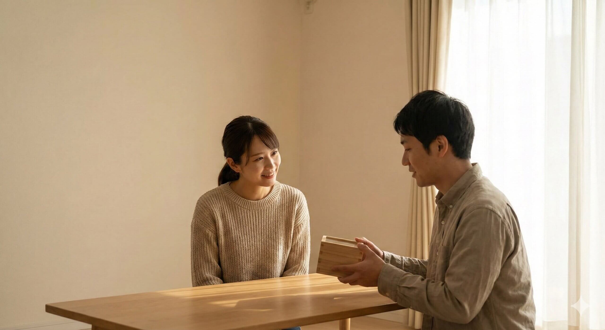 Man presenting a wooden box to a smiling woman sitting at a table in a sunlit room