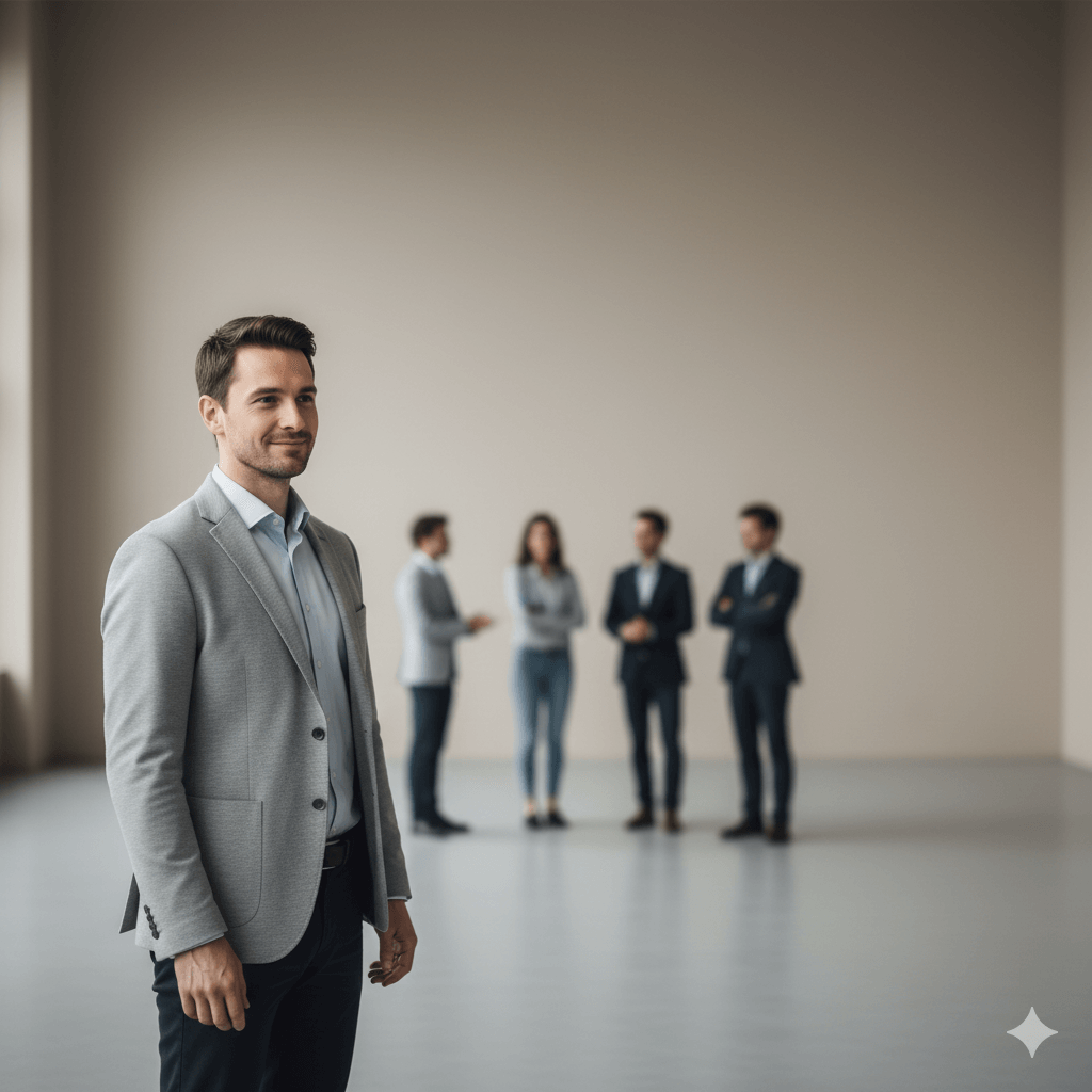 Smiling man in gray blazer standing in front of a group of four business professionals in a spacious room.