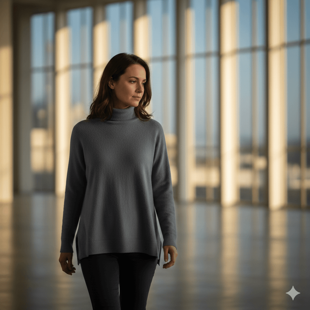 Woman in a gray turtleneck sweater walking in a sunlit modern building with tall windows.